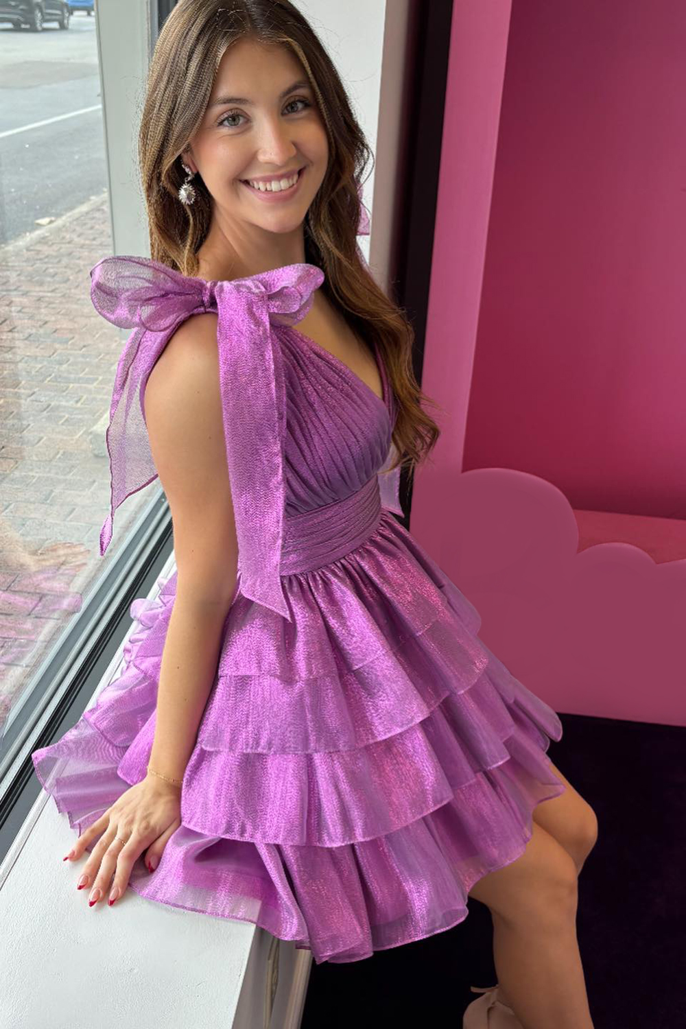 Trendy Pink A Line Tiered Cocktail Dress With Bow