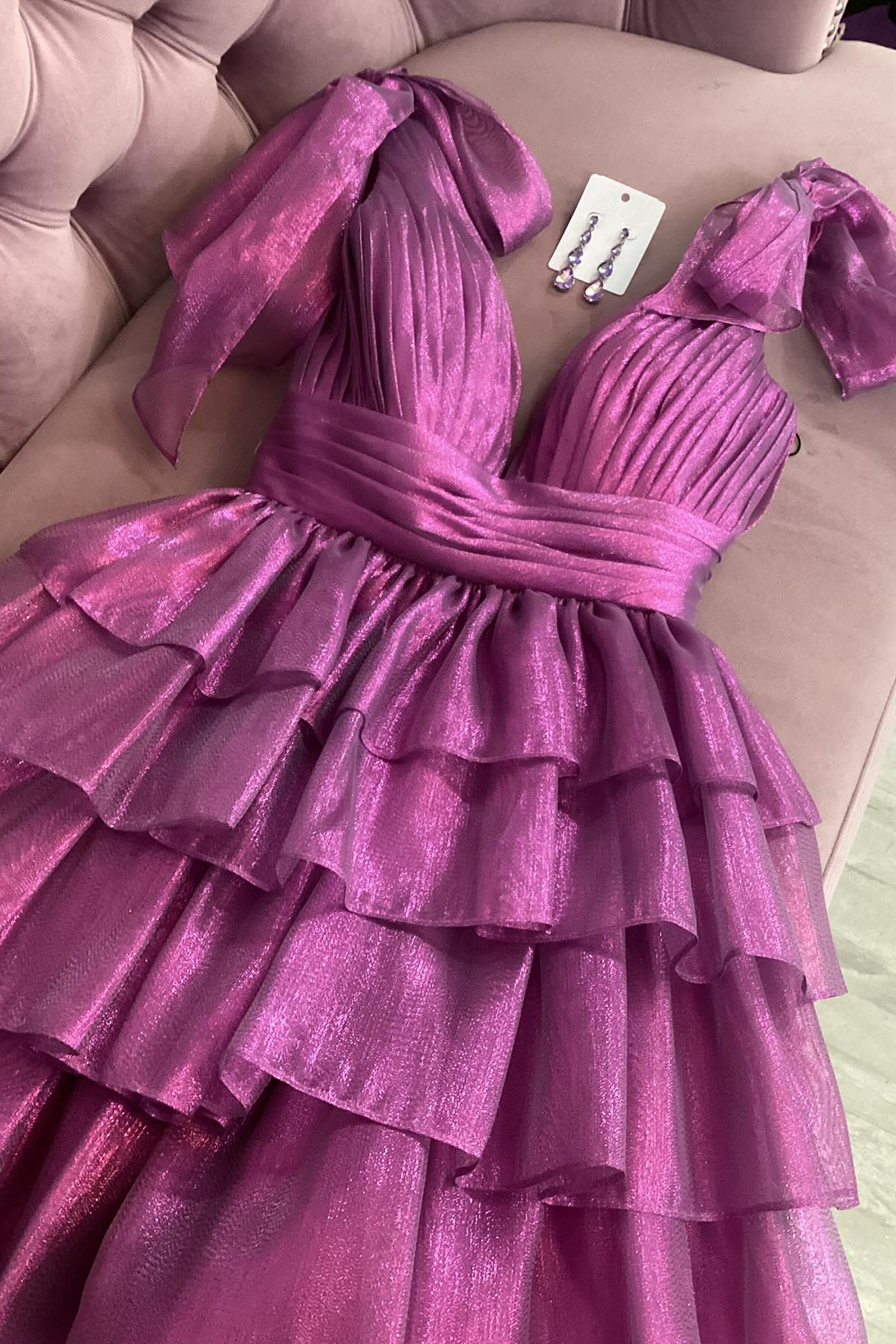 Trendy Pink A Line Tiered Cocktail Dress With Bow