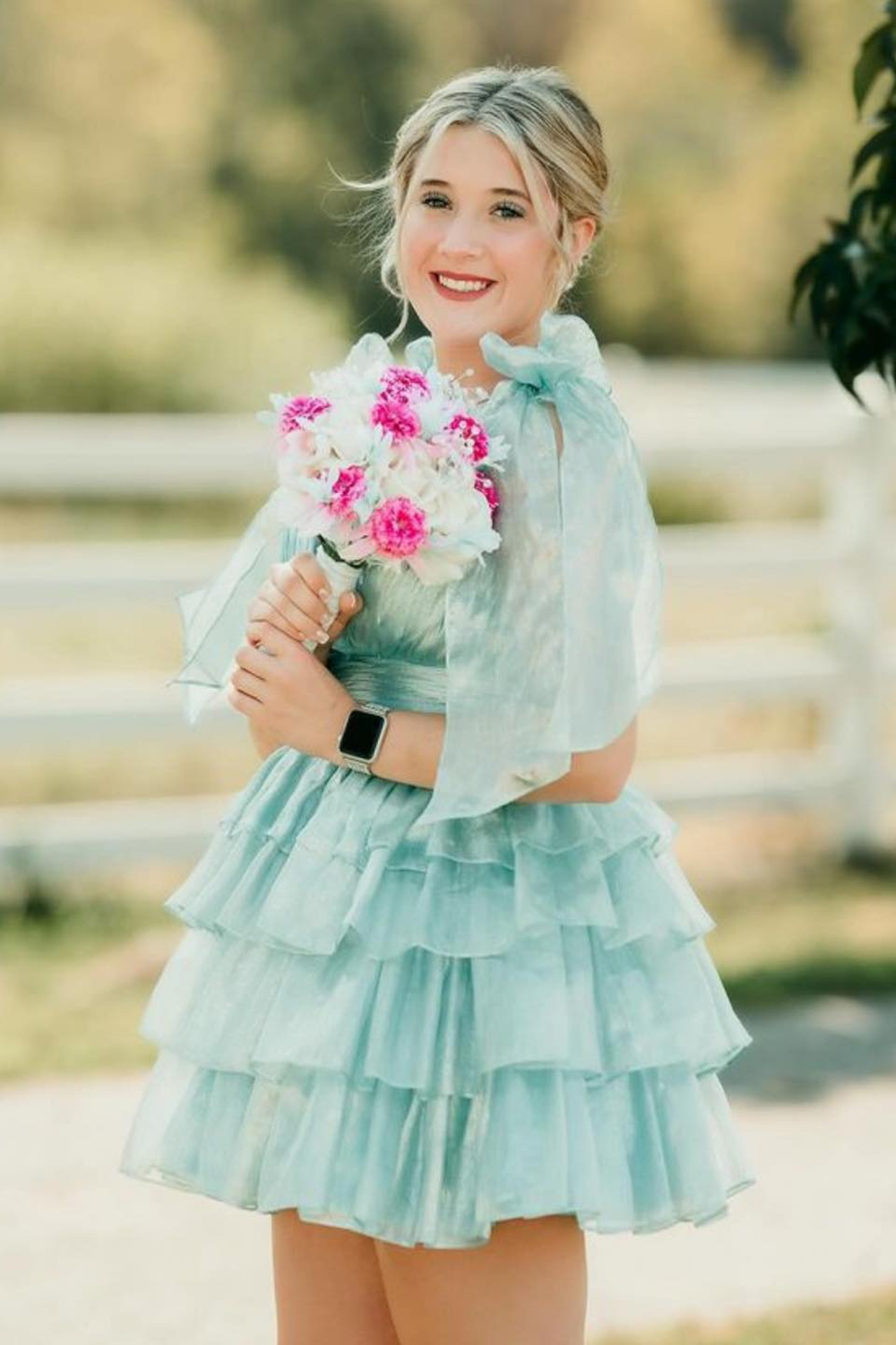 Trendy Pink A Line Tiered Cocktail Dress With Bow