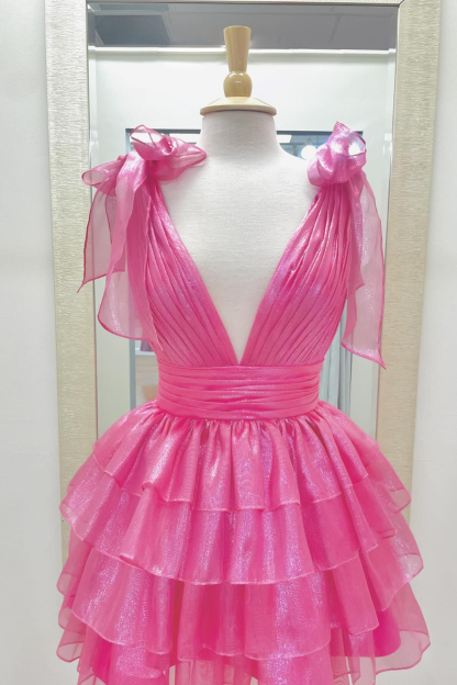 Trendy Pink A Line Tiered Cocktail Dress With Bow