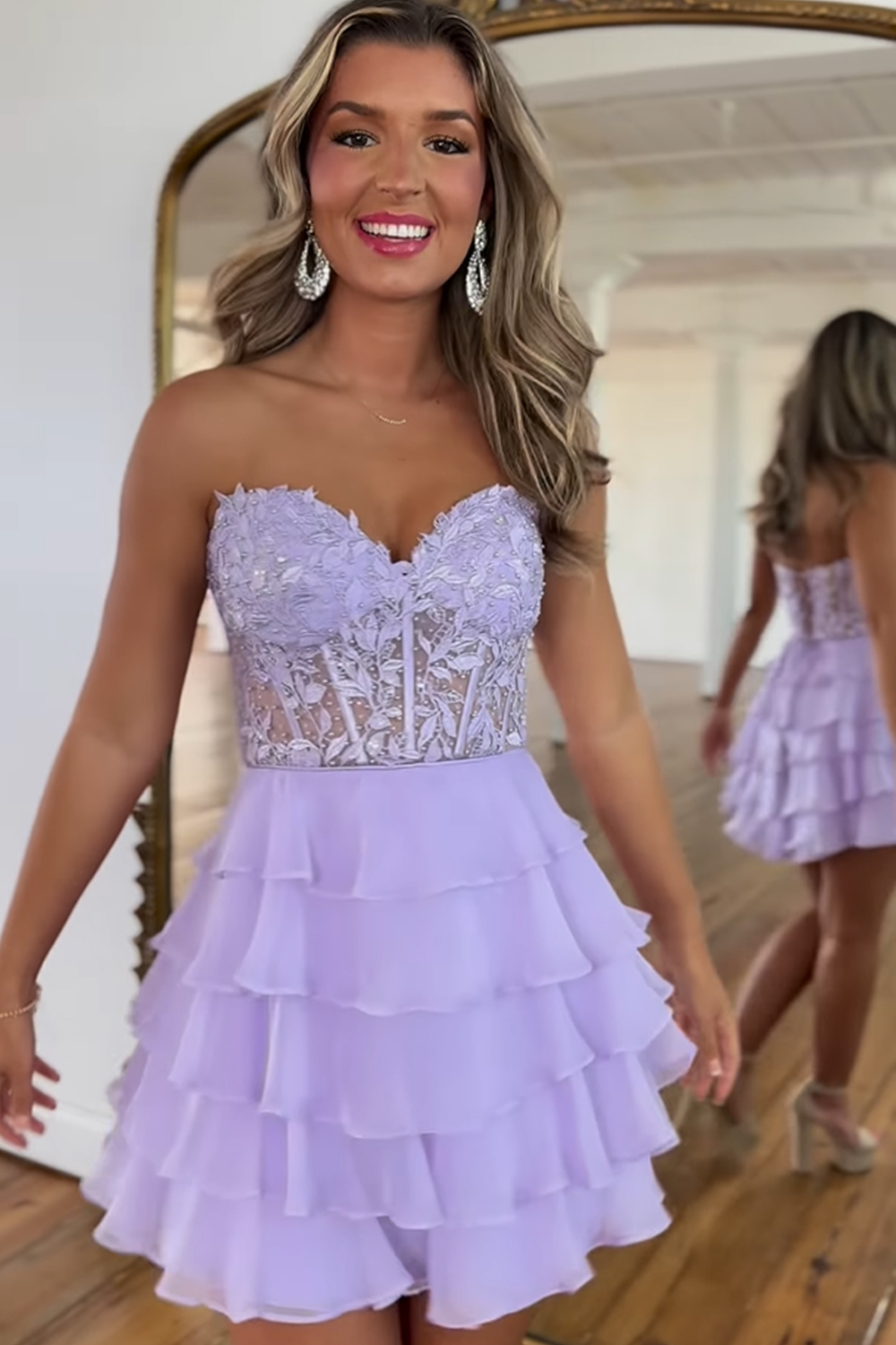 Lilac A Line Strapless Tiered Corset Short Cocktail Dress With Appliques