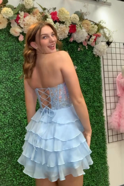 Lilac A Line Strapless Tiered Corset Short Cocktail Dress With Appliques