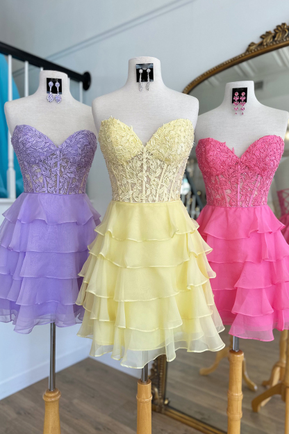 Lilac A Line Strapless Tiered Corset Short Cocktail Dress With Appliques