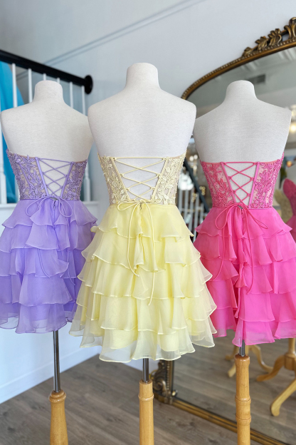 Lilac A Line Strapless Tiered Corset Short Cocktail Dress With Appliques
