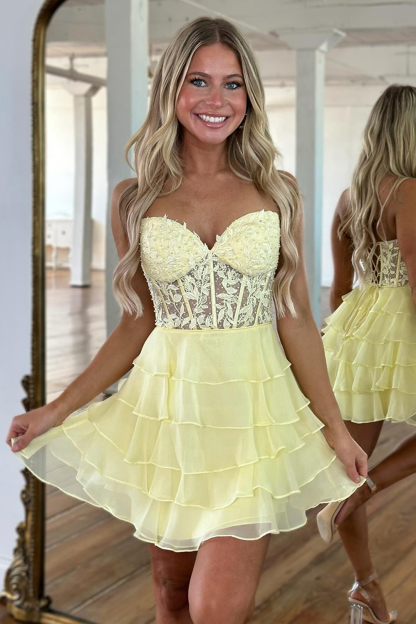 Lilac A Line Strapless Tiered Corset Short Cocktail Dress With Appliques