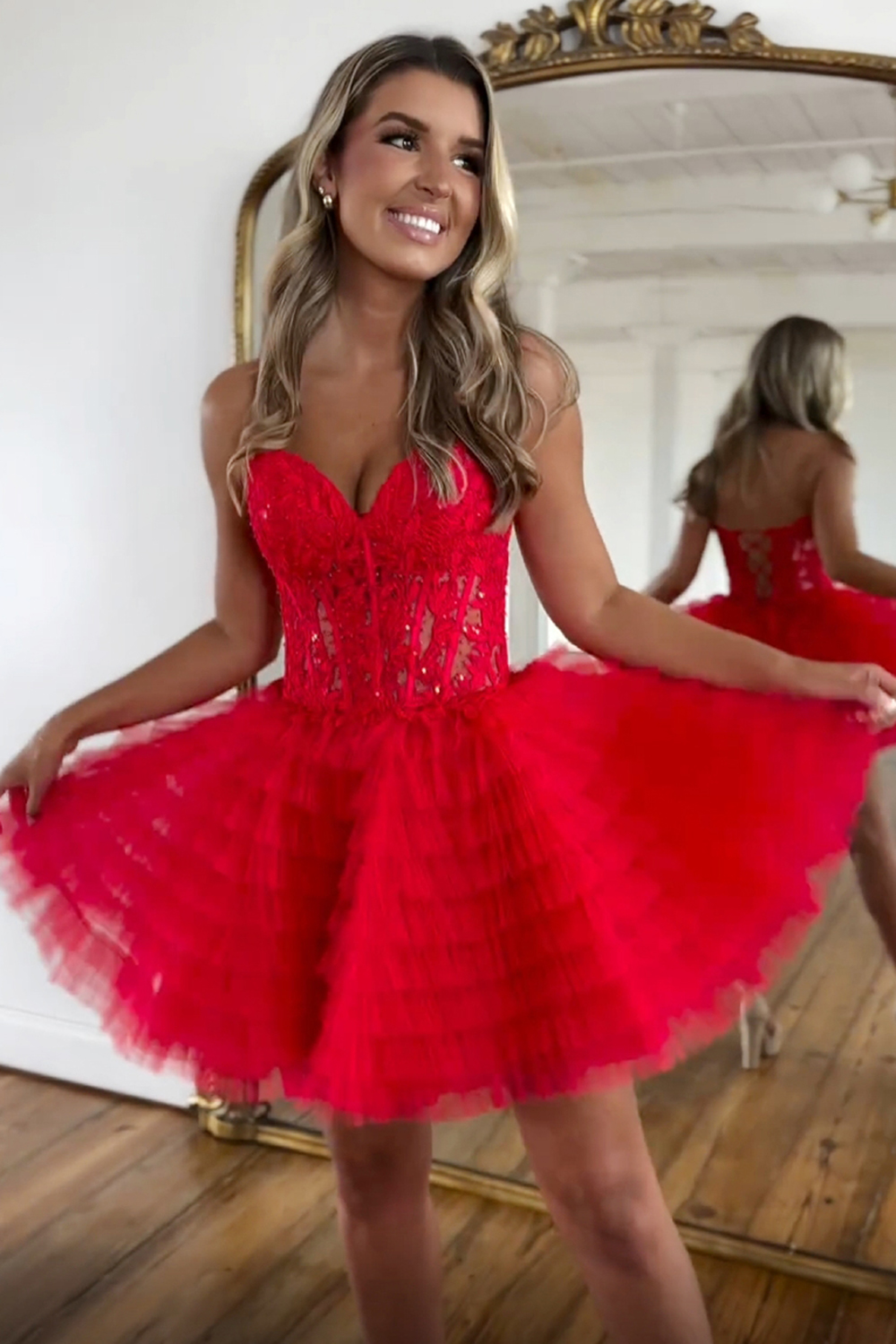 Red Sweetheart A Line Tulle Tiered Corset Cocktail Dress With Appliques