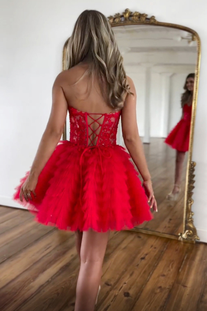Red Sweetheart A Line Tulle Tiered Corset Cocktail Dress With Appliques