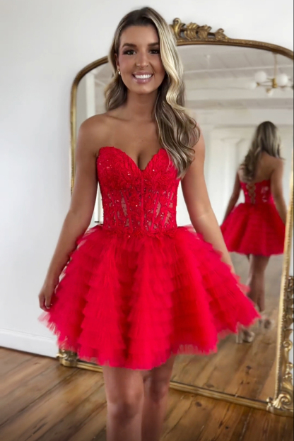 Red Sweetheart A Line Tulle Tiered Corset Cocktail Dress With Appliques