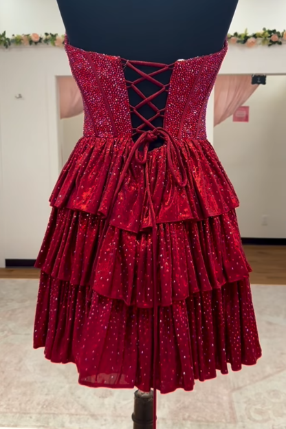 Peacock Blue Strapless A Line Tiered Short Corset Cocktail Dress With Beading