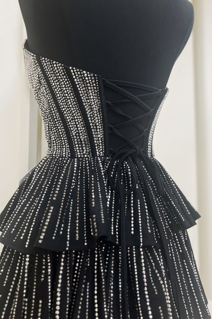 Glitter Black Strapless A Line Corset Short Cocktail Dress With Beading