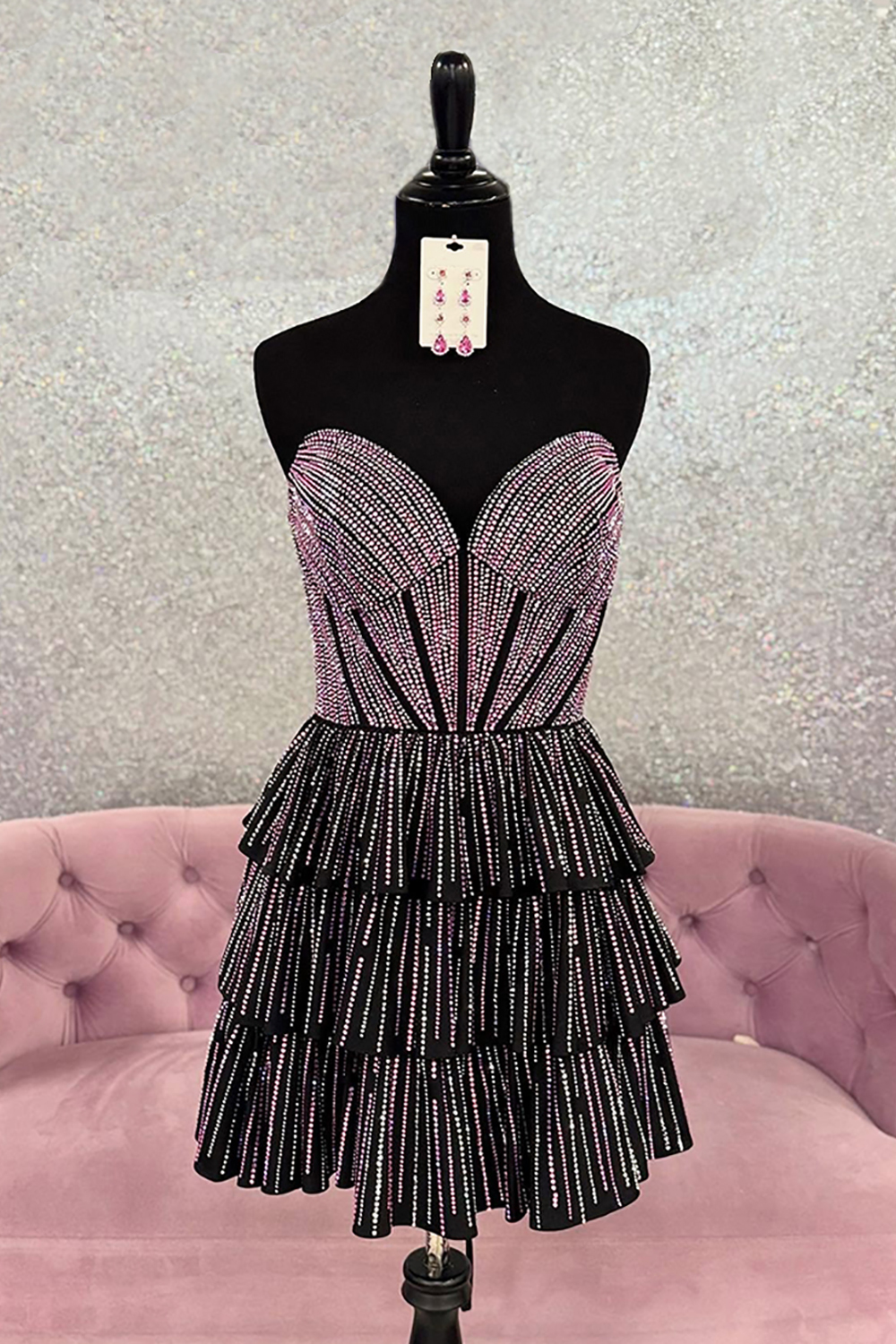 Black Strapless A Line Tiered Short Corset Cocktail Dress With Beading