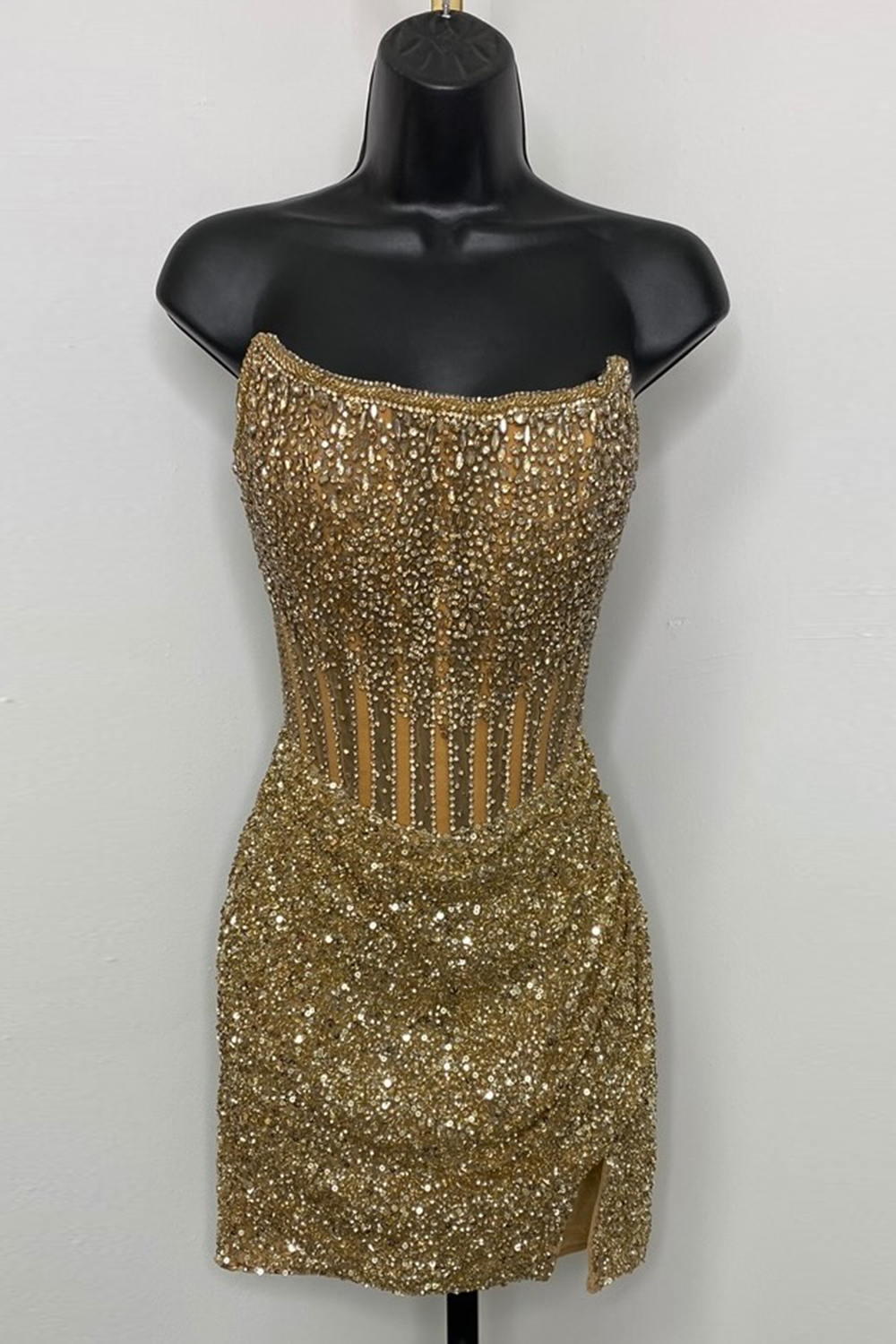 Sparkly Bodycon Strapless Golden Corset Cocktail Dress With Beading