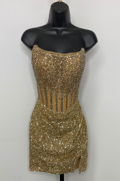 Sparkly Bodycon Strapless Golden Corset Cocktail Dress With Beading