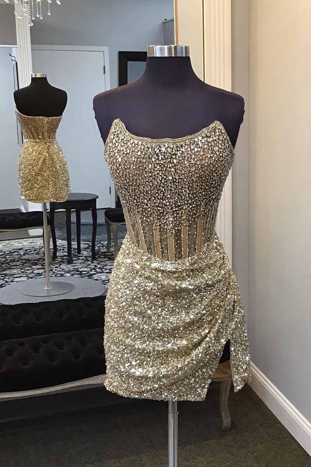 Sparkly Bodycon Strapless Golden Corset Cocktail Dress With Beading