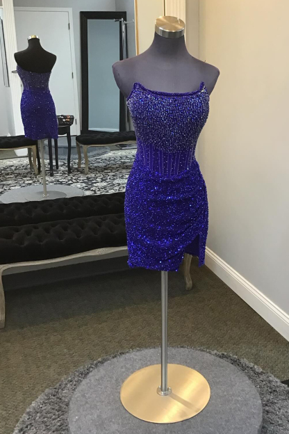 Sparkly Golden Bodycon Strapless Corset Cocktail Dress With Beading