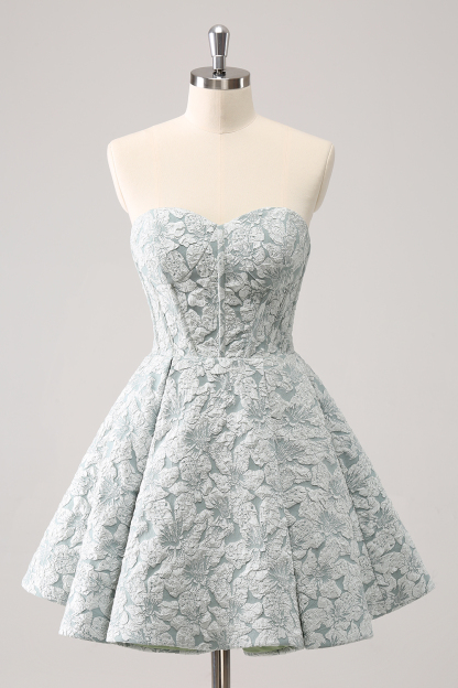 Trendy Grey Green Strapless A Line Printed Corset Cocktail Dress