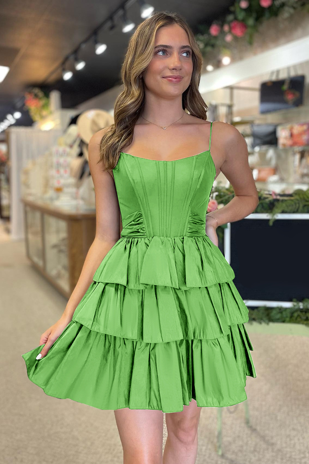 Black Spaghetti Straps Satin A Line Ruffled Short Corset Cocktail Dress With Bow