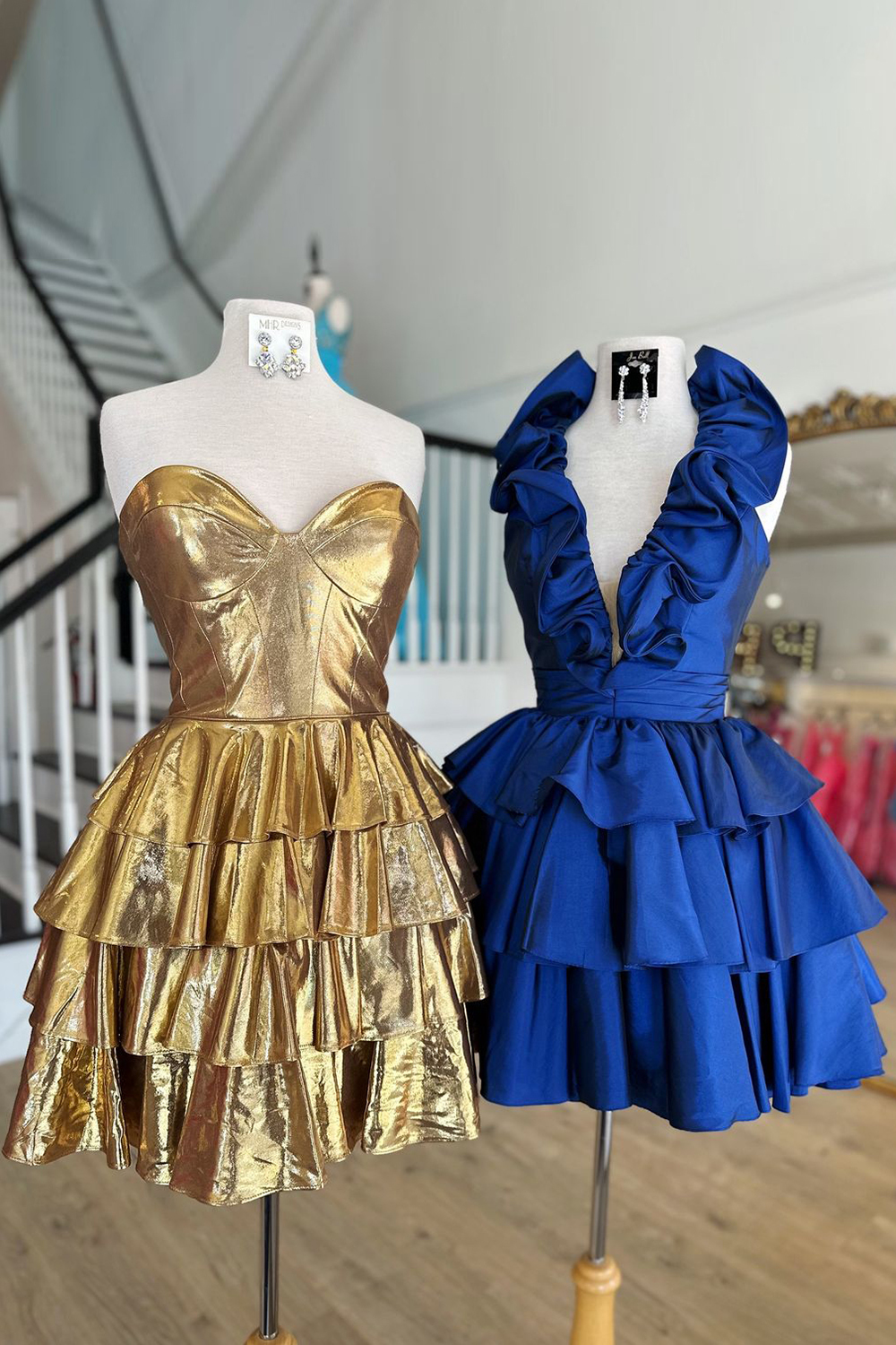 Red Deep V Neck A Line Satin Short Cocktail Dress With Ruffles