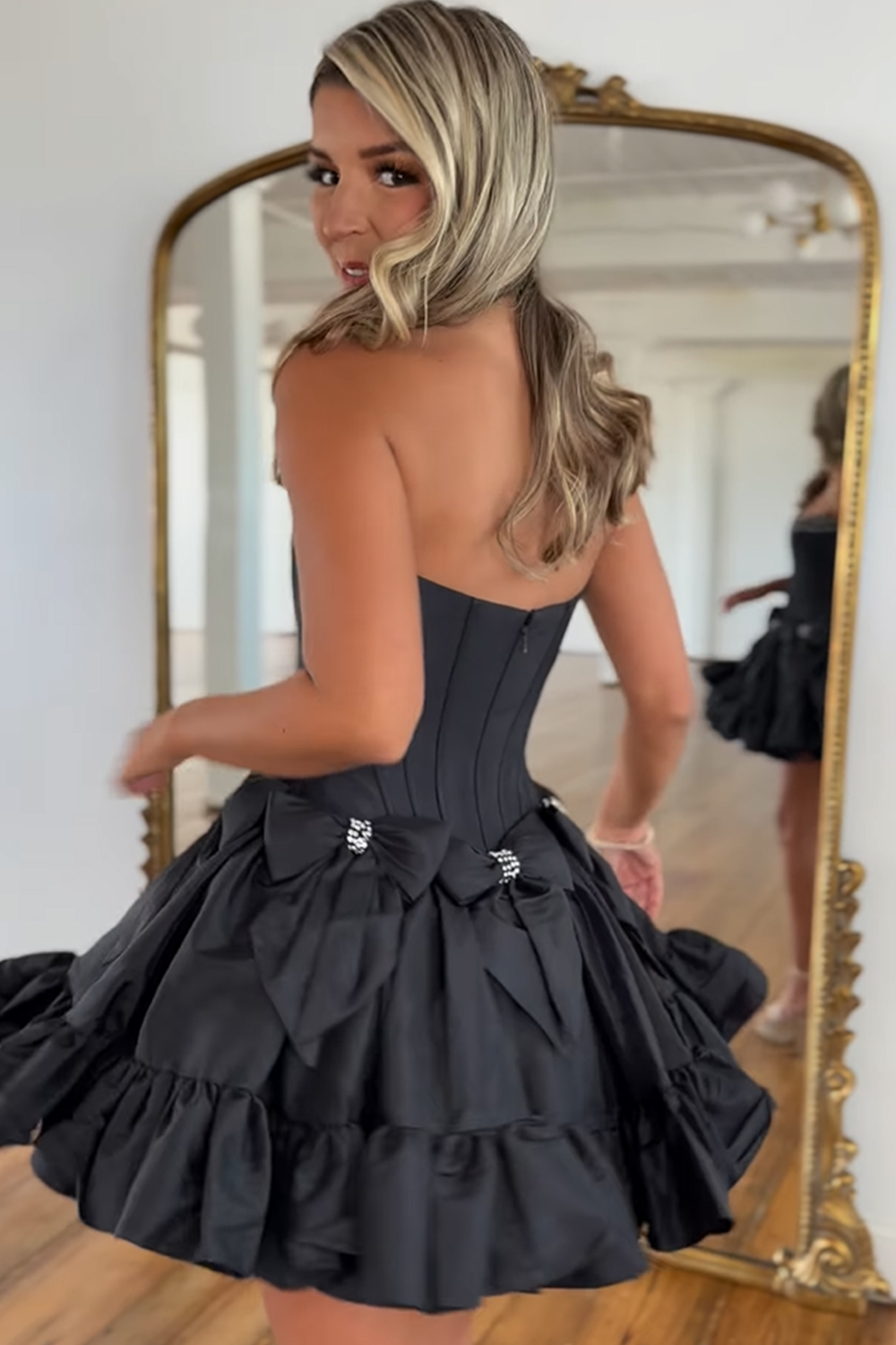Trendy Black Strapless A Line Satin Short Cocktail Dress With Bow