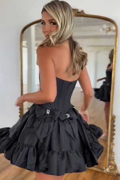 Trendy Black Strapless A Line Satin Short Cocktail Dress With Bow