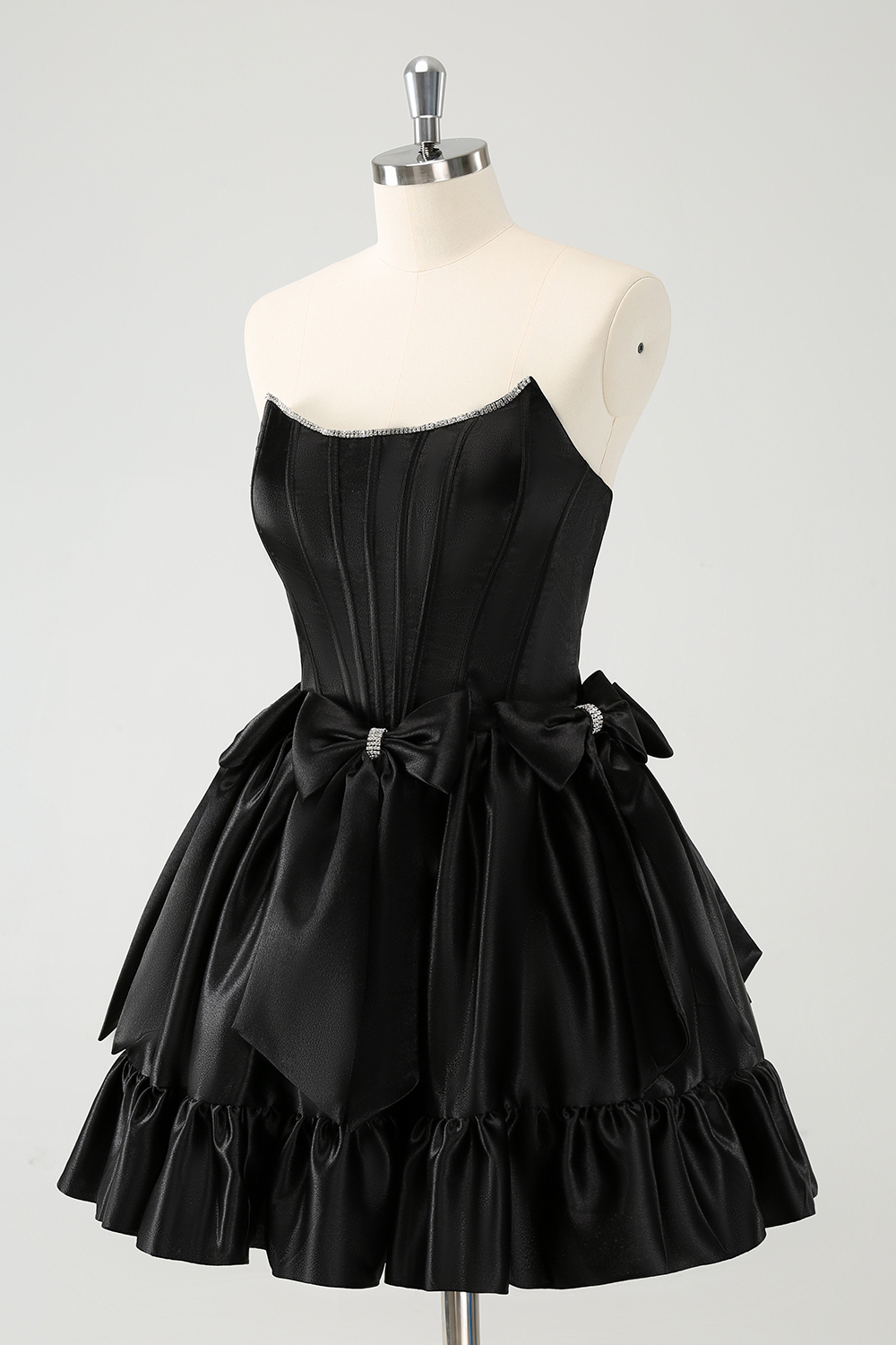 Trendy Black Strapless A Line Satin Short Cocktail Dress With Bow