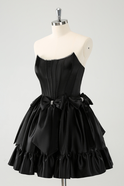 Trendy Black Strapless A Line Satin Short Cocktail Dress With Bow