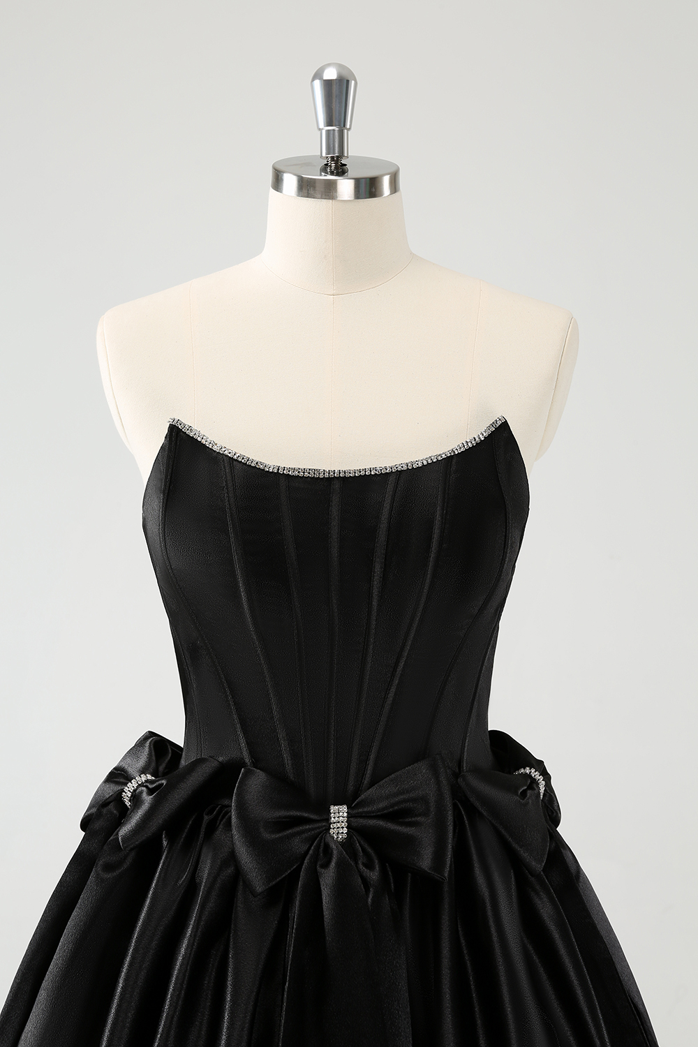 Trendy Black Strapless A Line Satin Short Cocktail Dress With Bow
