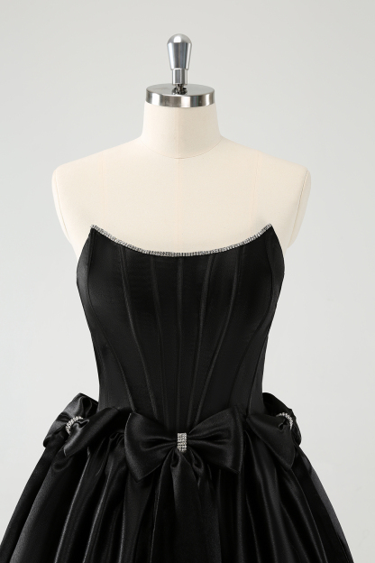 Trendy Black Strapless A Line Satin Short Cocktail Dress With Bow