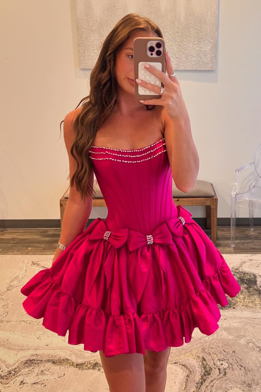 Trendy Fuchsia Strapless A Line Satin Short Cocktail Dress With Bow 1