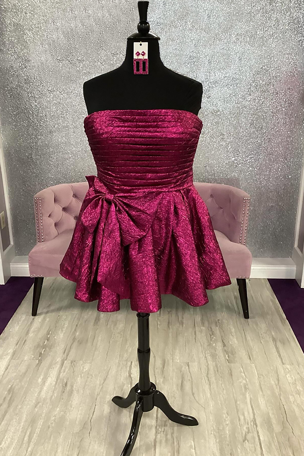 Fuchsia A Line Ruched Short Cocktail Dress With Bow