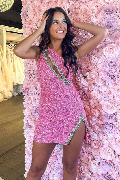 Sparkly Black One Shoulder Bodycon Sequins Short Cocktail Dress