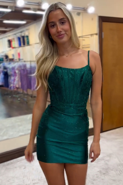 Dark Green Spaghetti Straps Bodycon Satin Corset Cocktail Dress With Beading