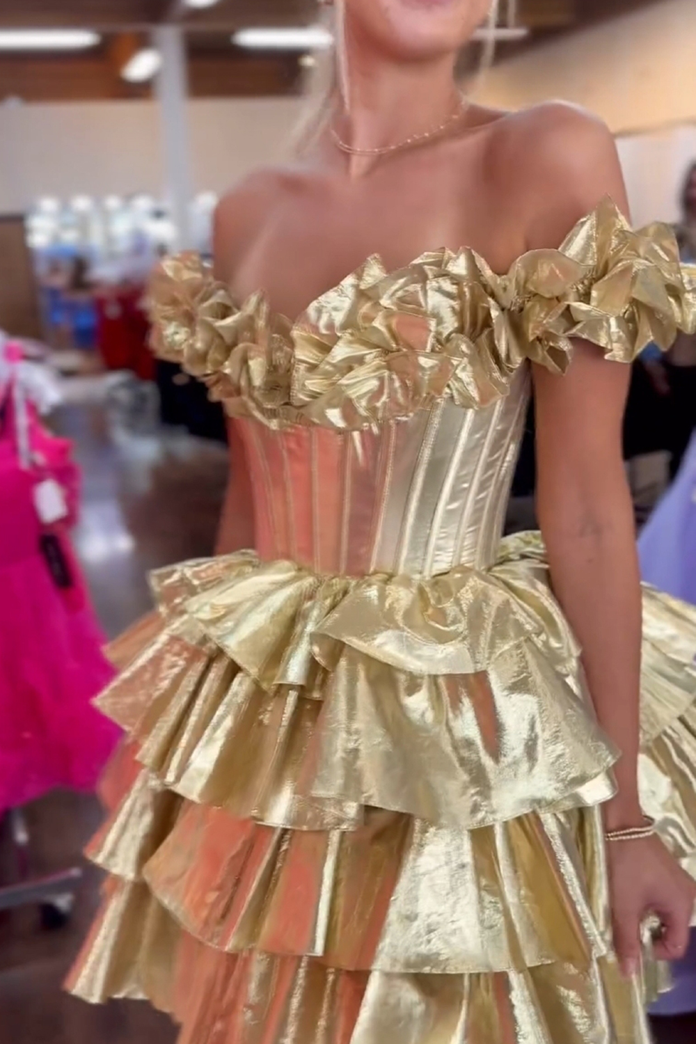Yellow Off The Shoulder A Line Short Corset Cocktail Dress With Ruffles
