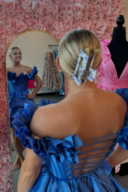 Golden Off The Shoulder A Line Short Corset Cocktail Dress With Ruffles