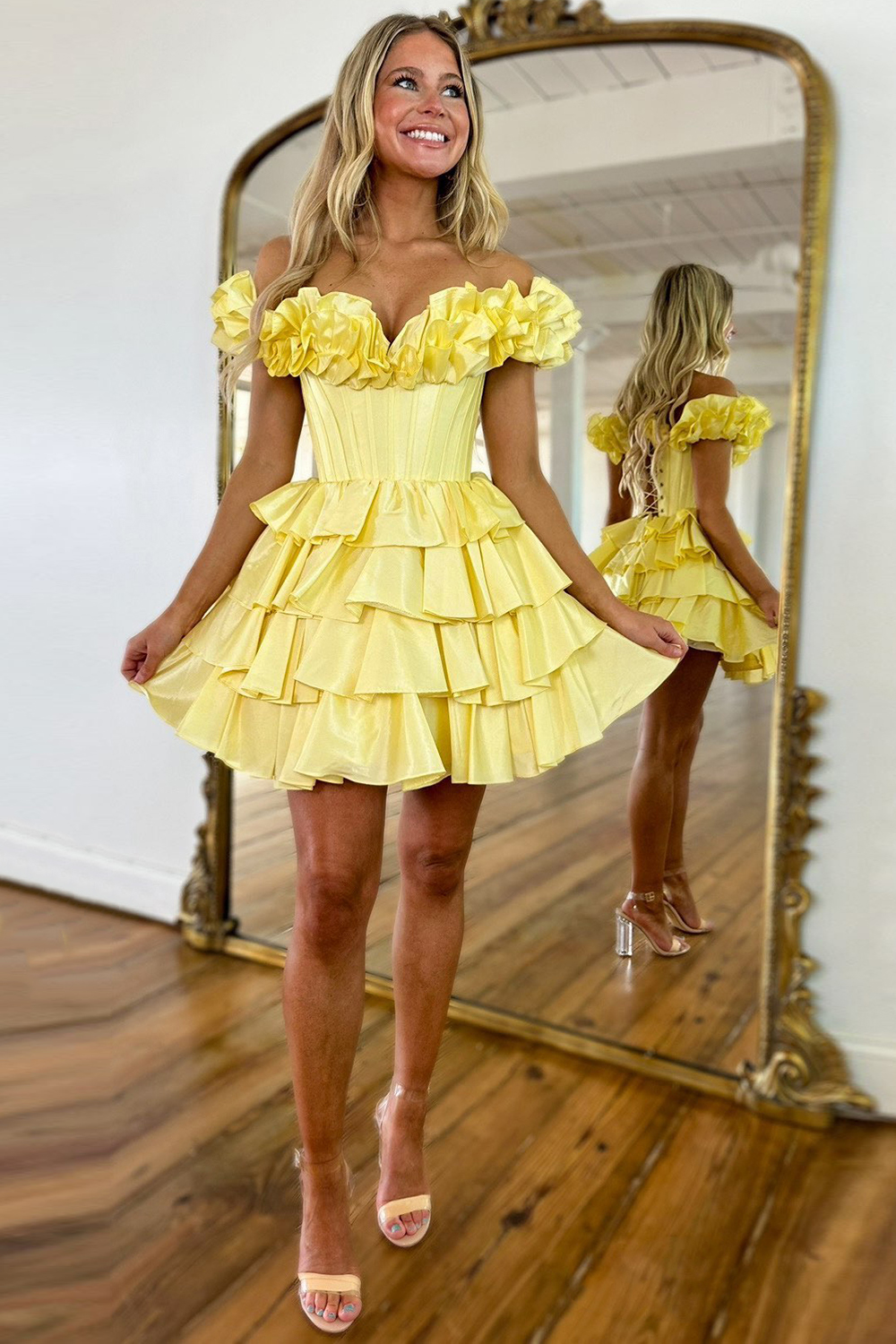 Yellow Off The Shoulder A Line Short Corset Cocktail Dress With Ruffles