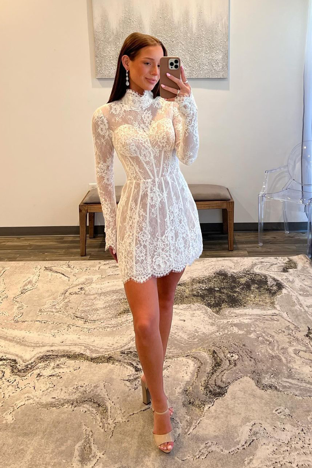 White Lace High Neck Long Sleeves Short Cocktail Dress
