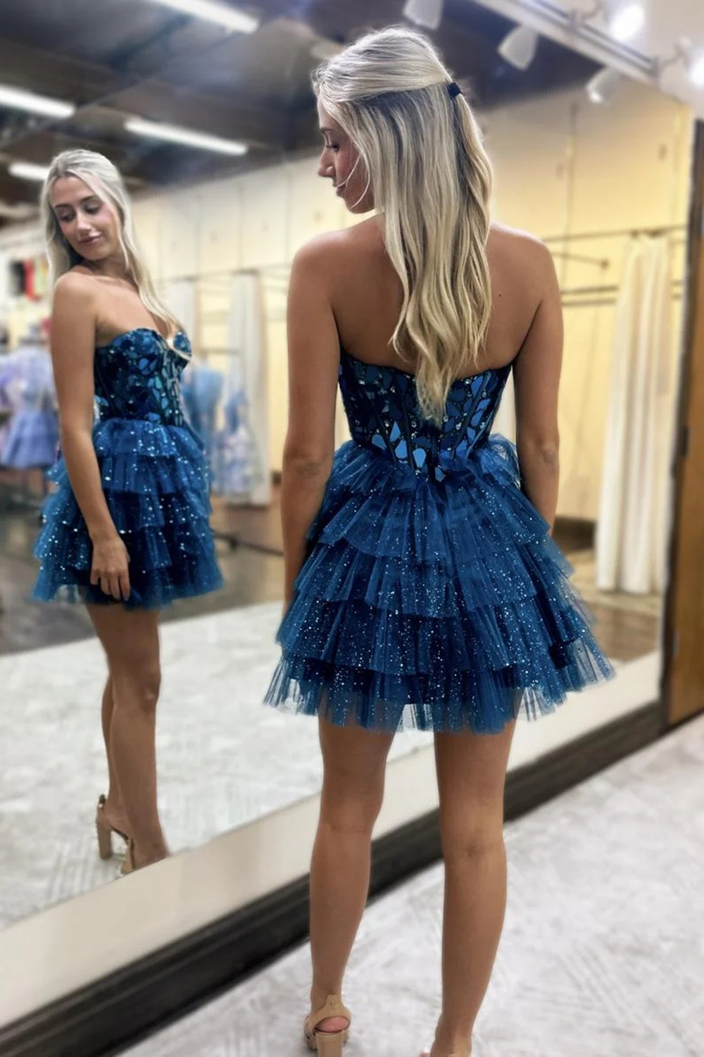 Sparkly Champagne Mirror Sweetheart A Line Tulle Tiered Cocktail Dress