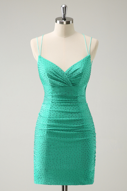 Glitter Green Spaghetti Straps Bodycon Cocktail Dress With Beading