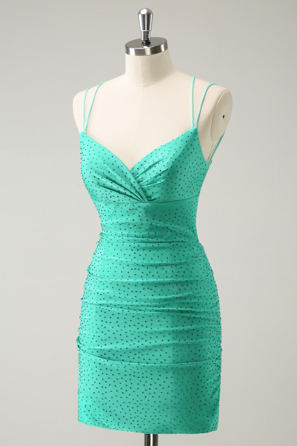 Glitter Green Spaghetti Straps Bodycon Cocktail Dress With Beading