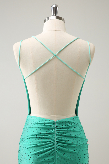 Glitter Green Spaghetti Straps Bodycon Cocktail Dress With Beading
