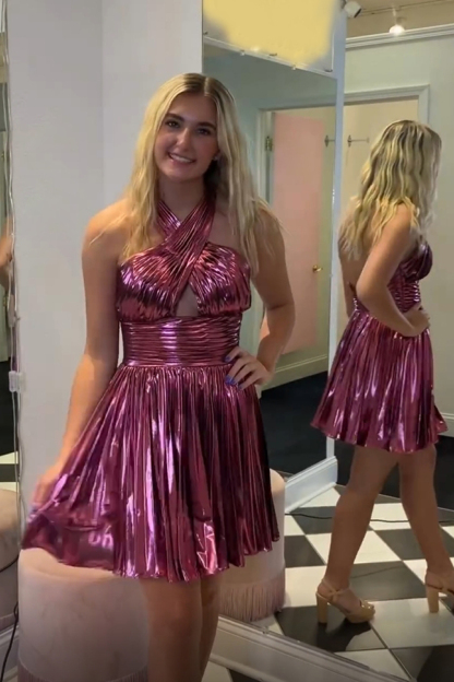 Metallic Golden Halter Neck A Line Pleated Short Cocktail Dress