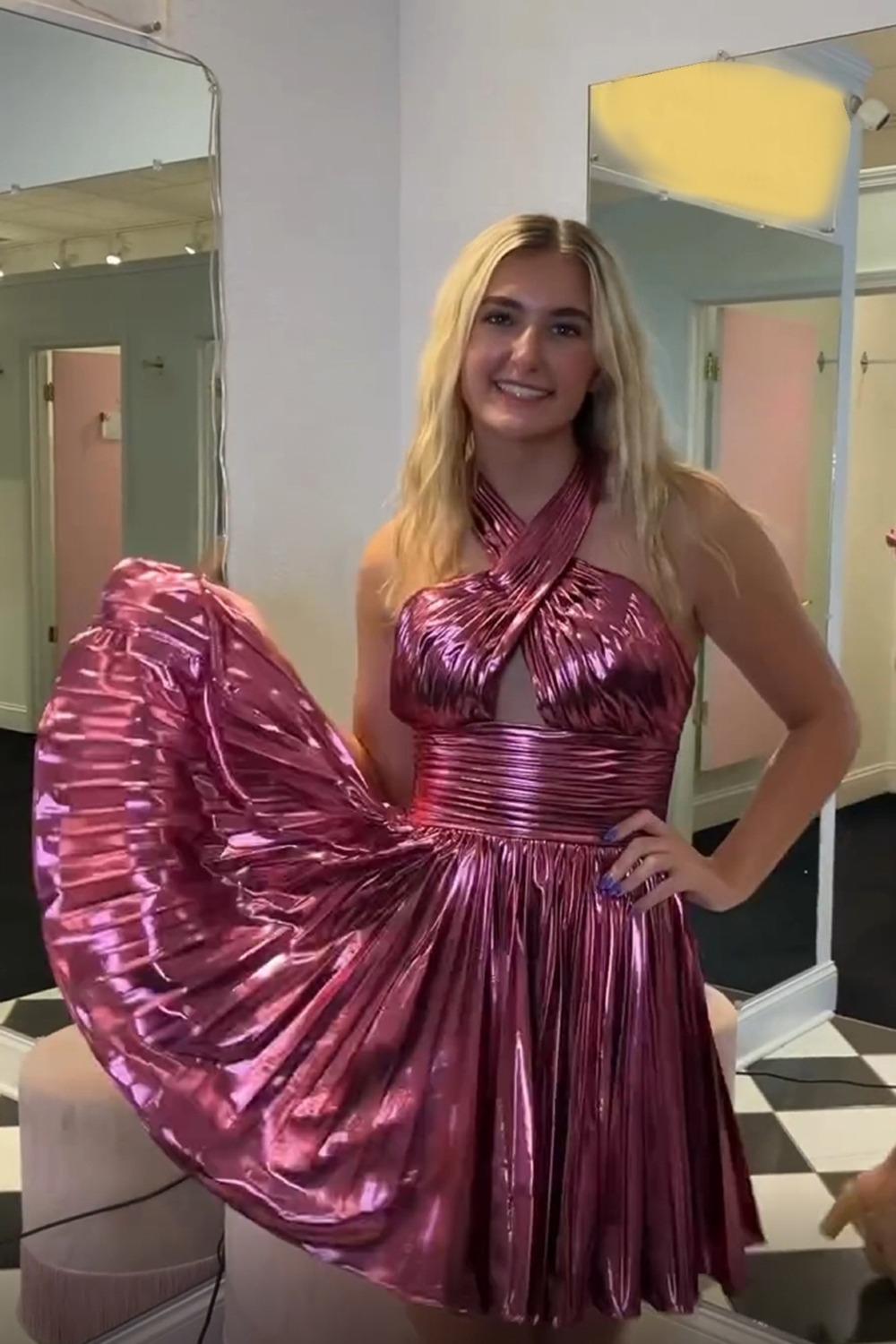 Metallic Golden Halter Neck A Line Pleated Short Cocktail Dress