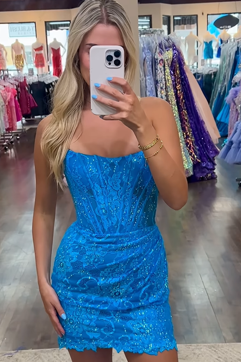 Glitter Blue Strapless Bodycon Ruched Short Corset Cocktail Dress With Beading