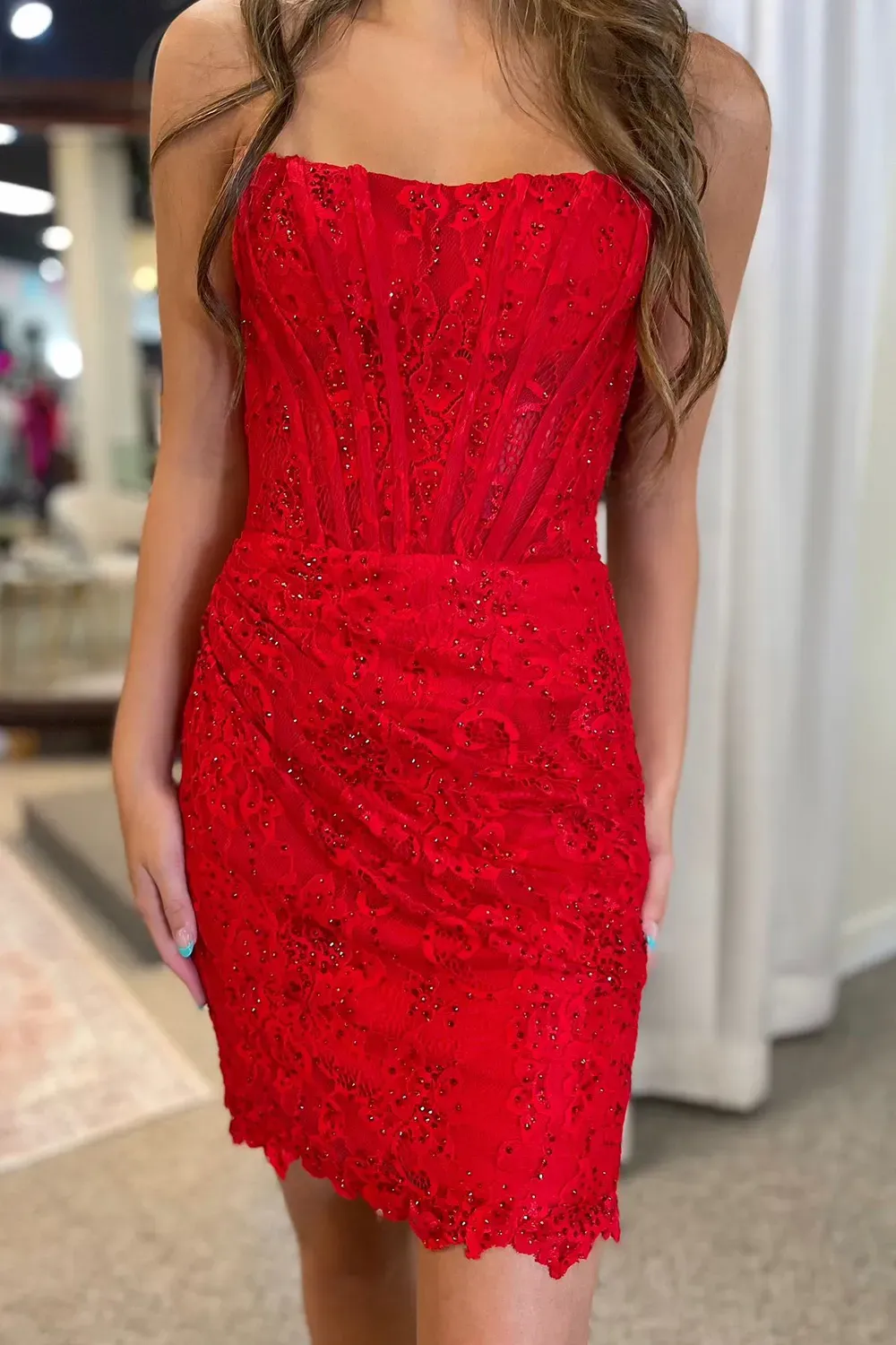 Glitter Black Strapless Bodycon Ruched Short Corset Cocktail Dress With Beading