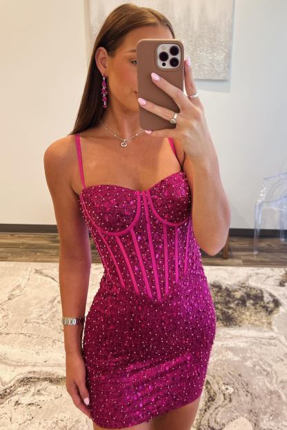 Sparkly Fuchsia Spaghetti Straps Sequins Bodycon Short Corset Cocktail Dress