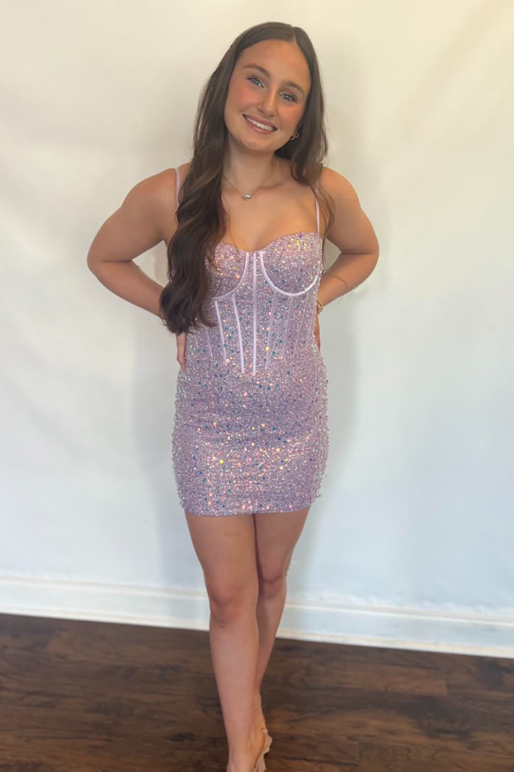 Sparkly Fuchsia Spaghetti Straps Sequins Bodycon Short Corset Cocktail Dress
