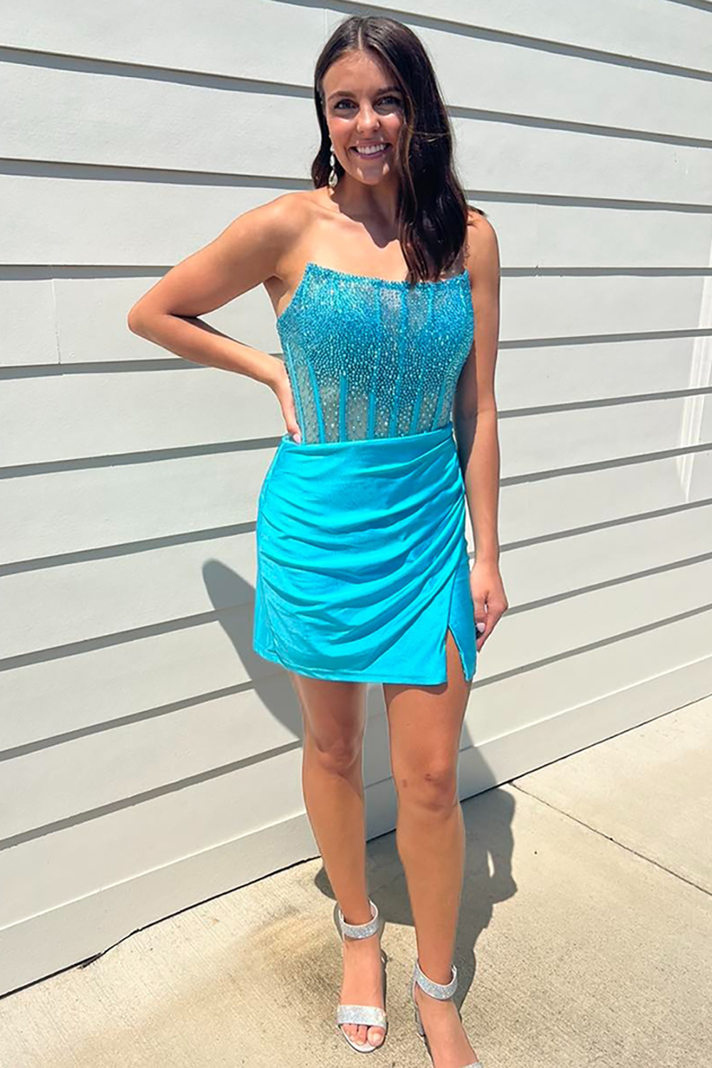Blue Strapless Bodycon Short Cocktail Dress With Beading