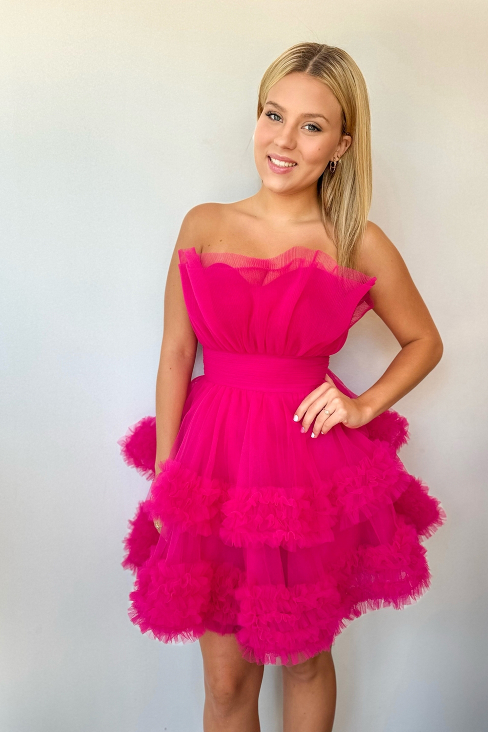 Chic Fuchsia Strapless A Line Tulle Tiered Short Cocktail Dress