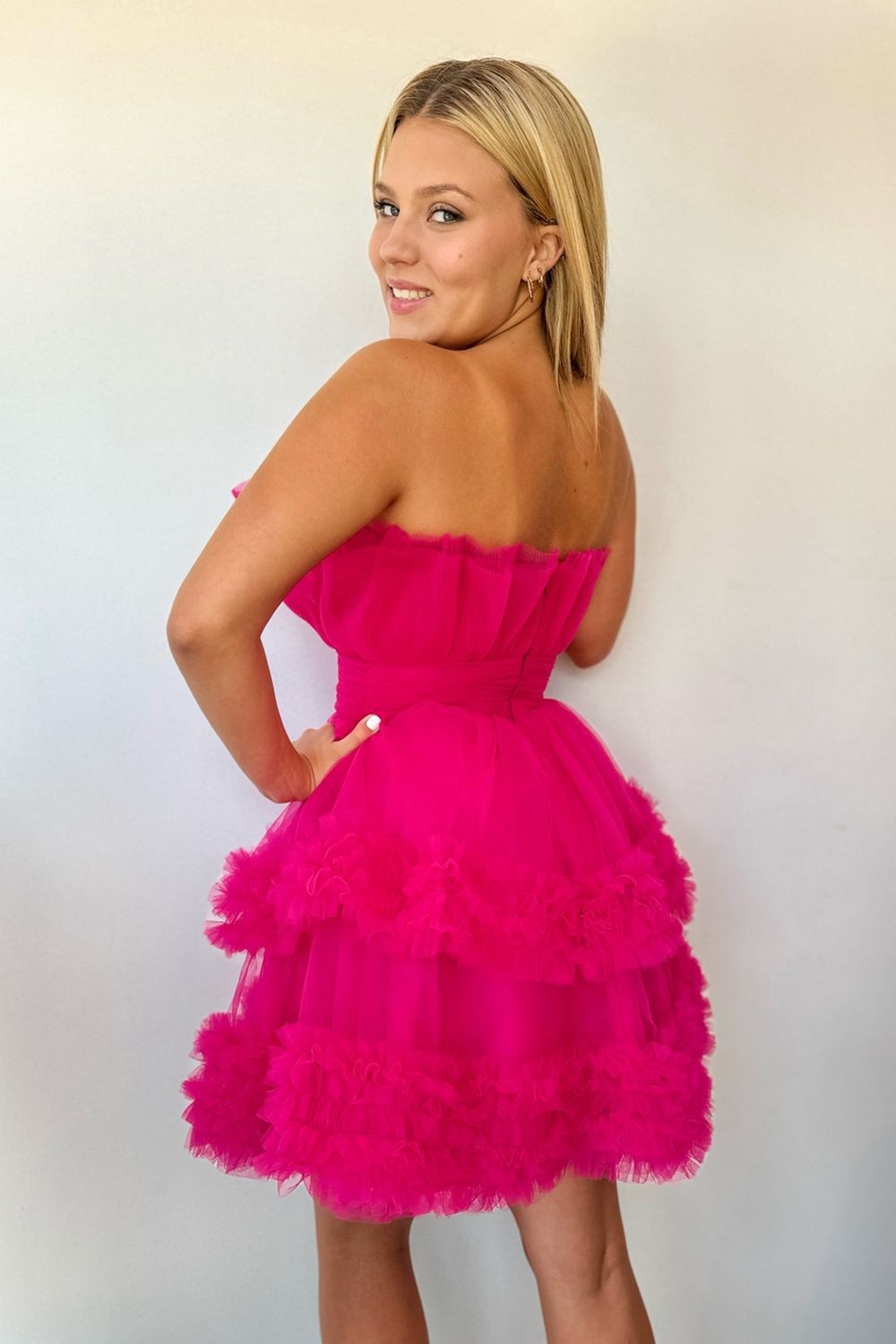 Chic Fuchsia Strapless A Line Tulle Tiered Short Cocktail Dress