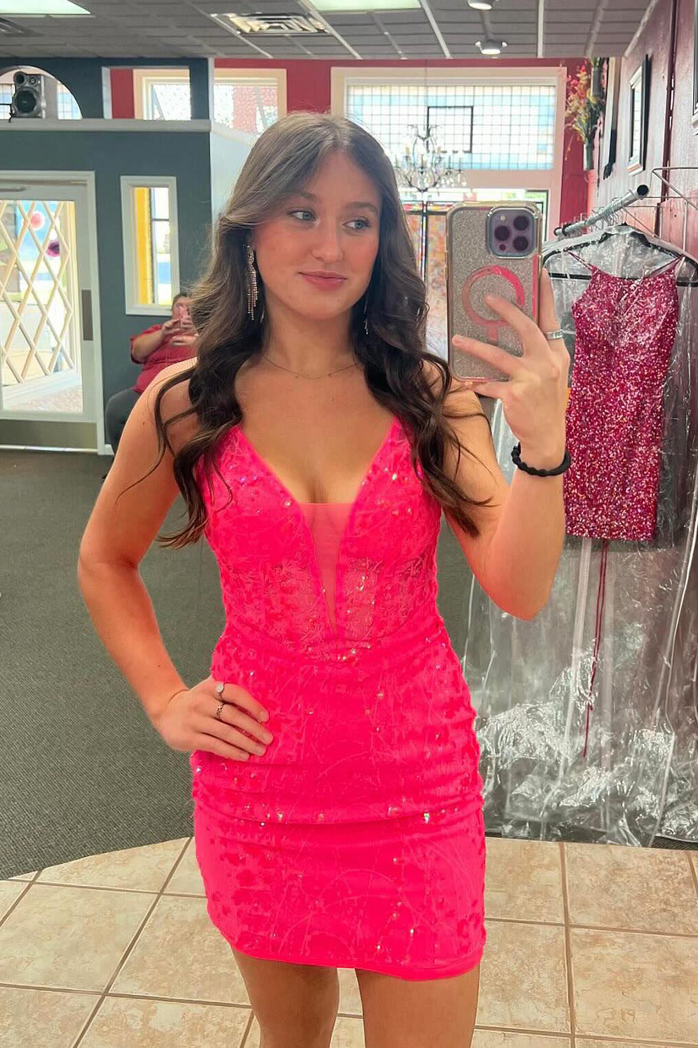 Fuchsia Spaghetti Straps Sequins Bodycon Corset Short Cocktail Dress